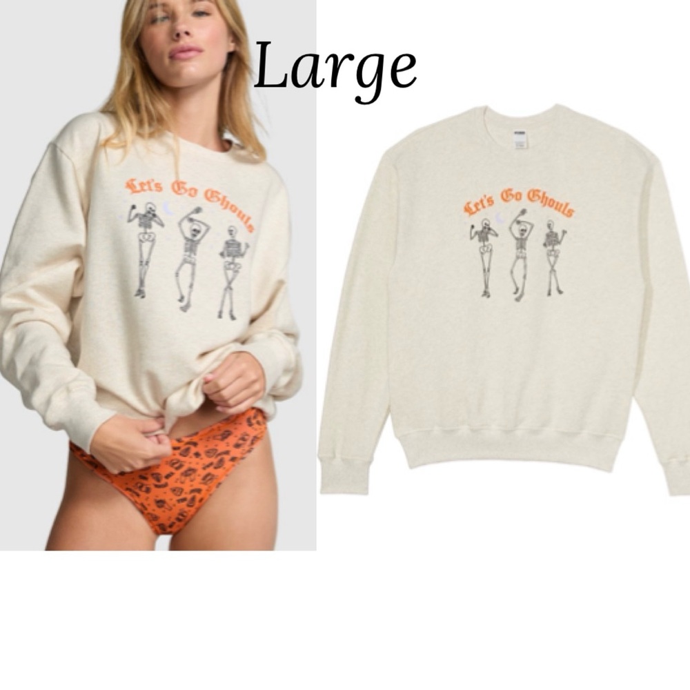 vs PINK halloween shirt LET’S GO GHOULS SKELETON CAMPUS SWEATSHIRT Large